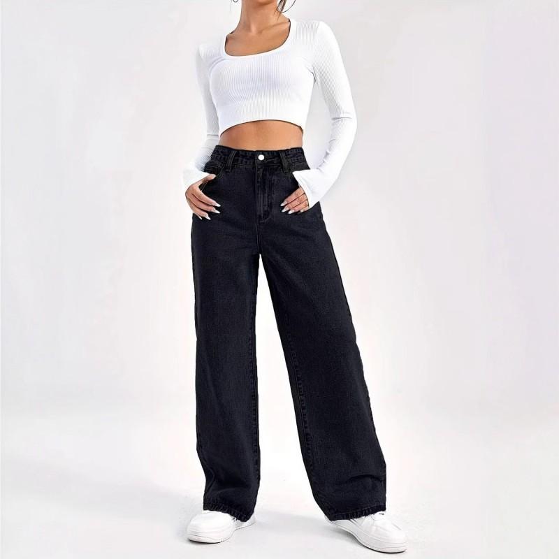 High-Waisted Straight Leg Jeans Women Slim Fit Loose Wide Pants Casual Comfortable Cotton Denim Trousers