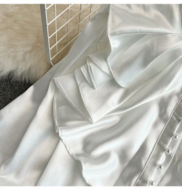 Vintage Solid Blouses Women Elegant Acetate Satin Stand Collar Flare Sleeve Design New Chic Sweet Loose Ruffles Female  Tops