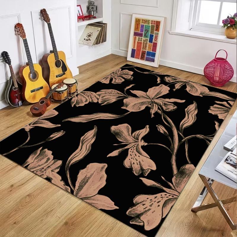 Moody Monochrome Orchid Pattern Rug, Dark Floral Floor Carpet for Living Room Bedroom, Durable Non-Slip Washable Mat