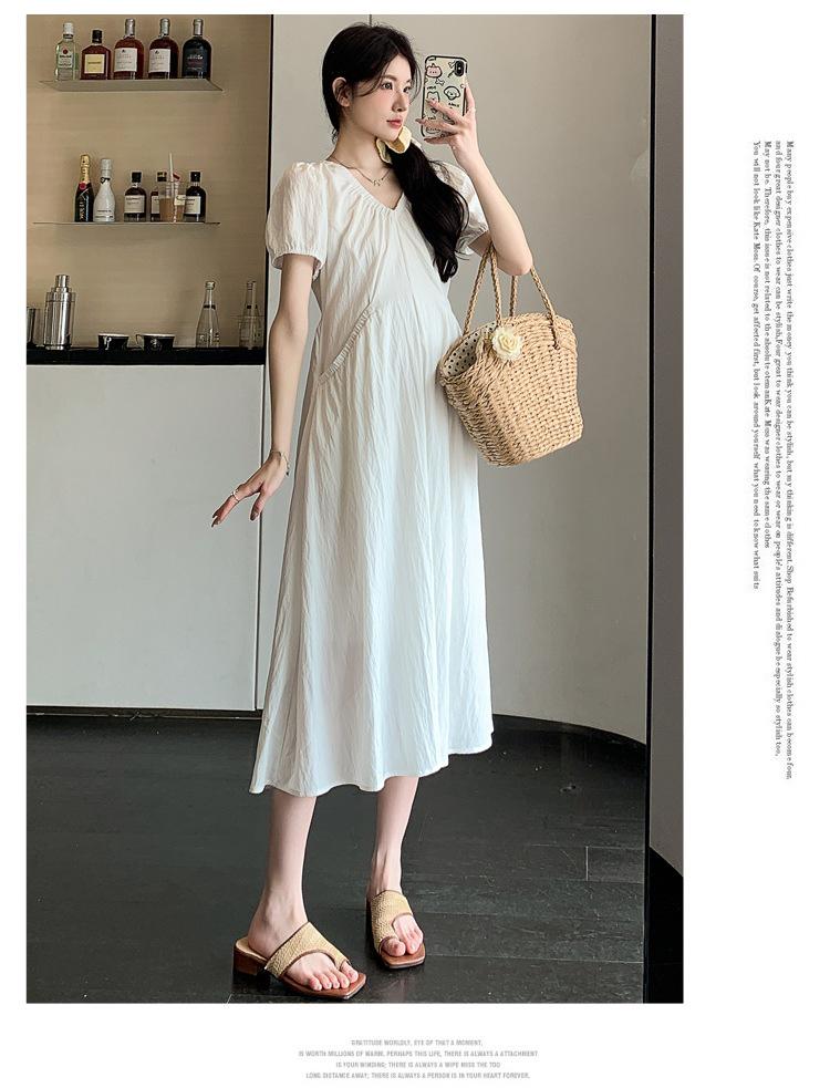 2026 Summer V-Neck Maternity Dress with Puff Sleeves - Slimming Design