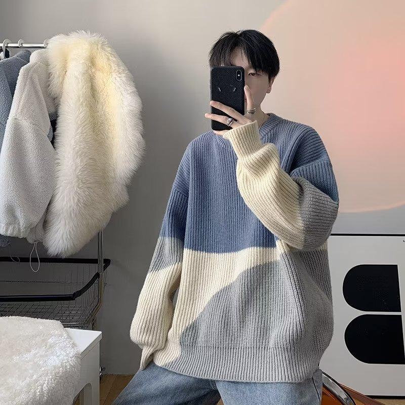 Unisex Oversized Crew Neck Knit Sweater Navy Black Beige Color Block Chunky Loose Fit Casual Pullover