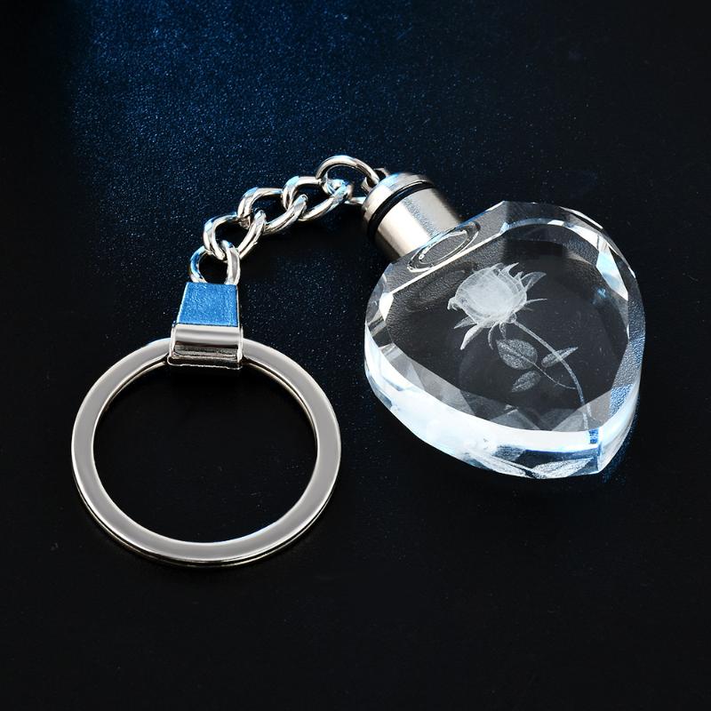 Fashion Colorful Fairy Rose Flower Pattern Love Shape Crystal Rhinestone Led Light Keychain Lover Key Chain Keyring Jewelry