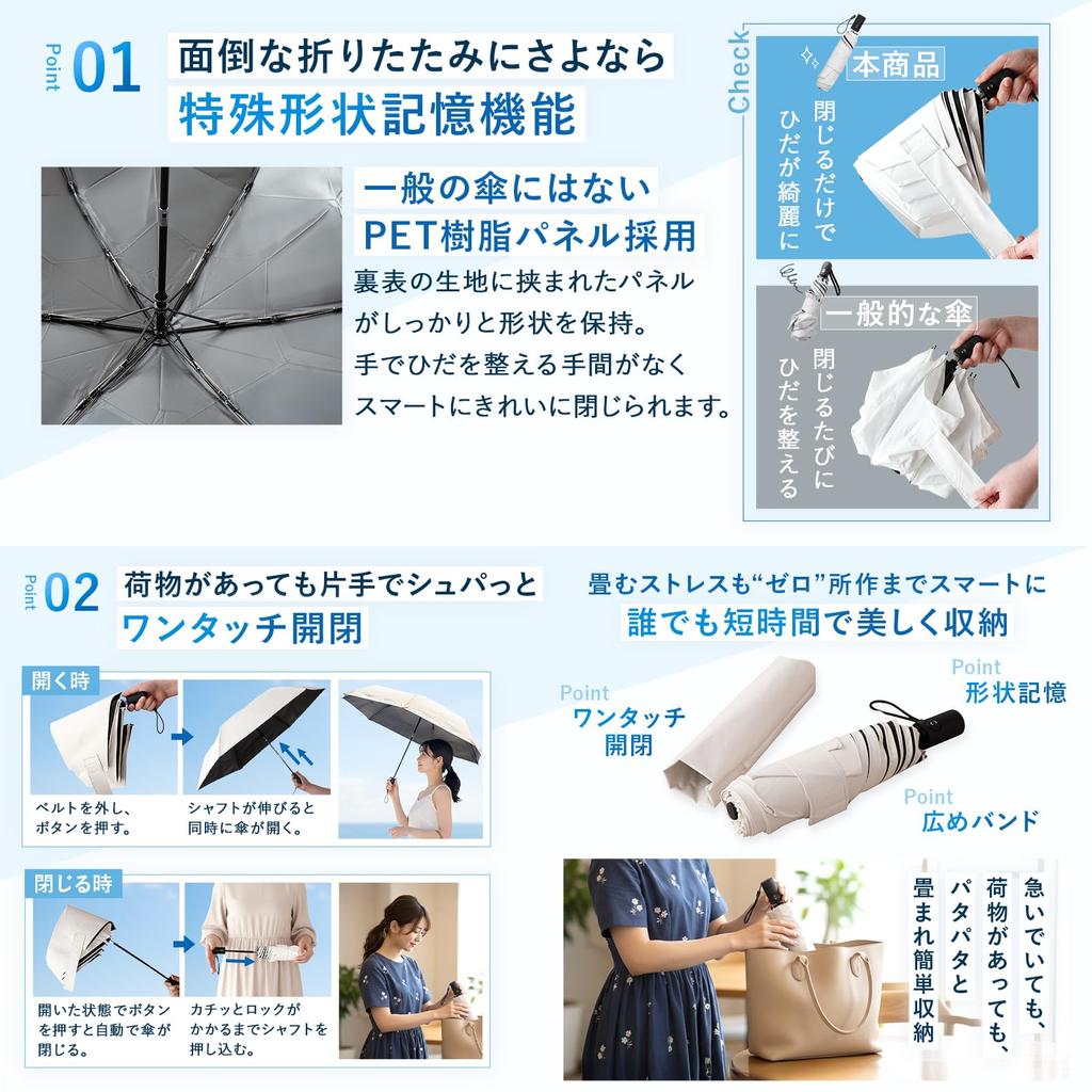 Folding Complete Sun Rain or Shape Automatic Opening and Heat UV Ivory Sylphy's Parasol, 100% Protection, Shine, Memory, One-Touch Closing, 60%