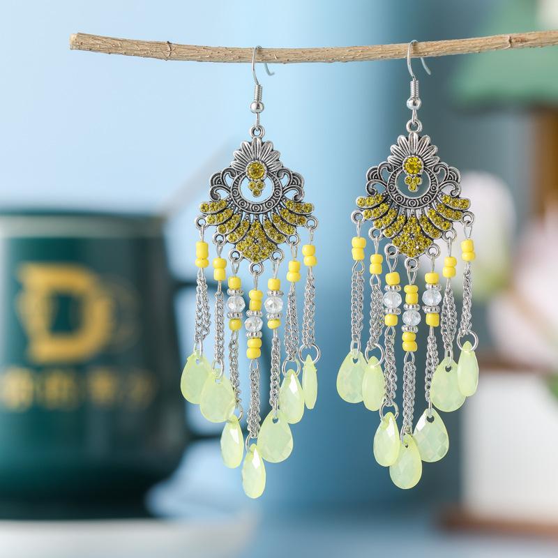 Bohemian Water Drop Rhinestone Earrings with Multi-Layer Beads - Retro Fan-Shaped Dangle Design