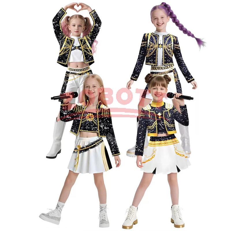Children Girls Movie Kpop Mira Cosplay Costume Print Demon Hunters Zoey Rumi Cosplay Carnival Show Clothes Kids Girl Huntrix Set