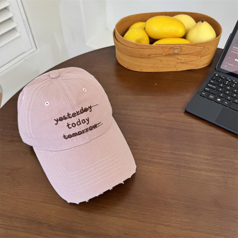American Ripped Baseball Cap Women's Spring and Summer Letter Embroidery Washed Peaked Cap Showing Small Face Plus Large Brim Sun Hat Men