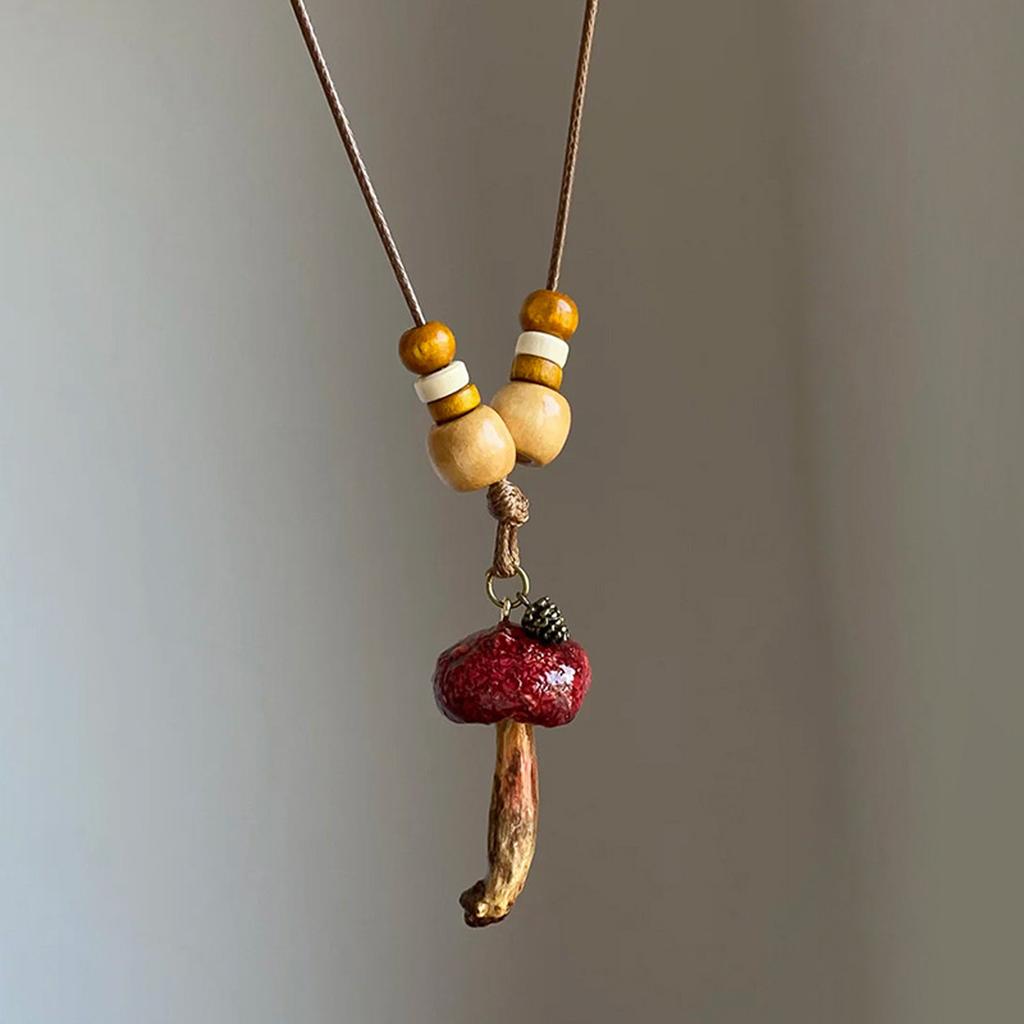 Fashionable Adjustable Necklace for Women Wood Bead Mushroom Pendant Rope Neckchain Bohemian Accessory