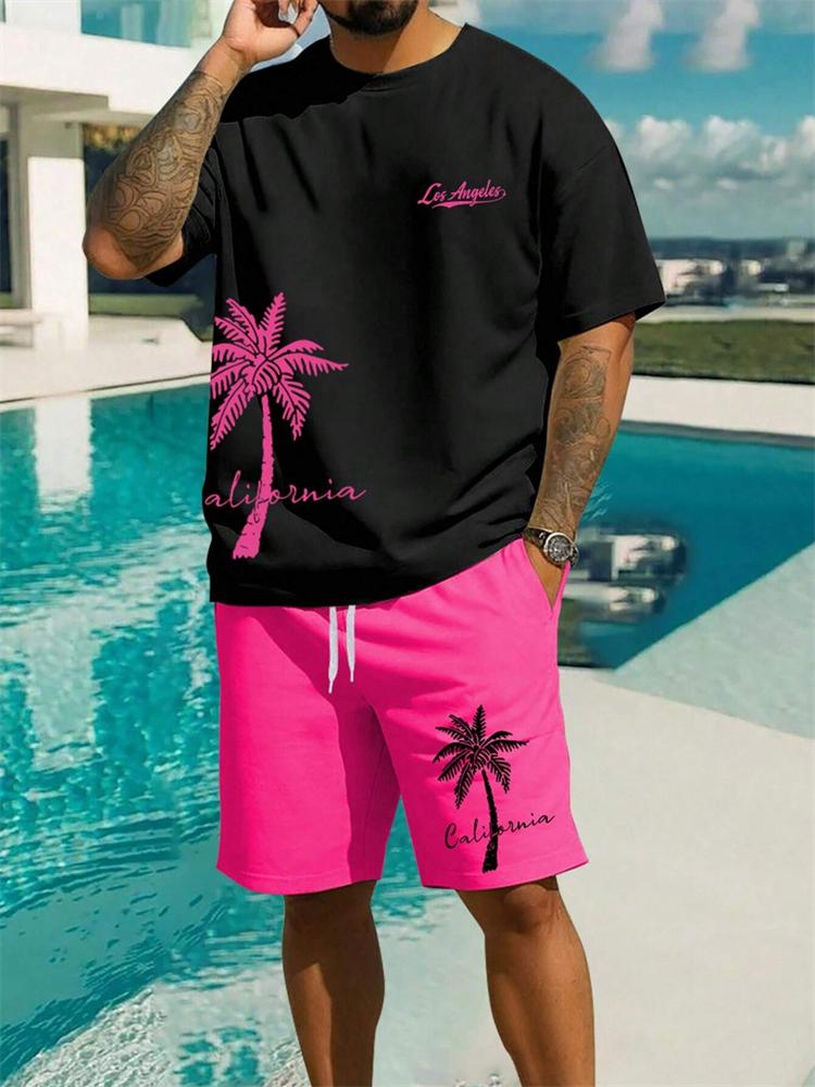 Elegante Set Estivo Hawaiano con Stampa di Cocco per Uomo, T-shirt e Pantaloncini Streetwear Due Pezzi
