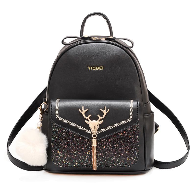 Rucsac de damă alb-negru cu paiete la modă. Rucsac de călătorie pentru petrecerea timpului liber, din piele de calitate, cu ciucuri