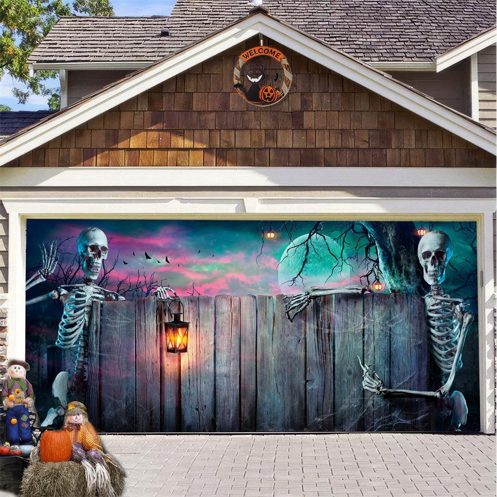 Halloween Garage Door Banner with Pumpkin Castle Horror Design - Large Waterproof Fabric Backdrop for Outdoor Yard Party Decor Home Front Porch Holi