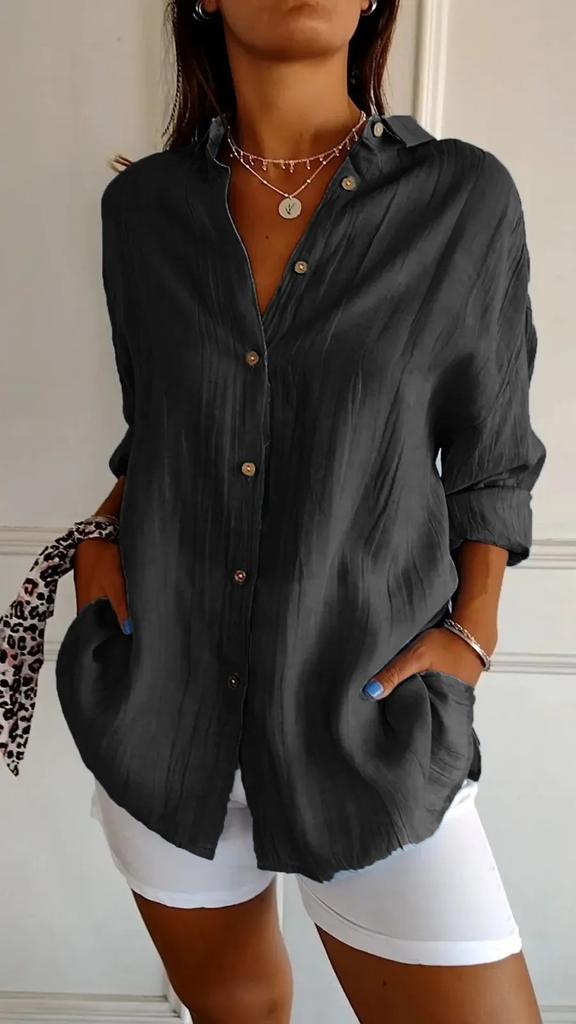 VEZFAA Women's Fashion Casual Spring Autumn Solid Color Print Long Sleeve POLO Neck Blouses & Shirts