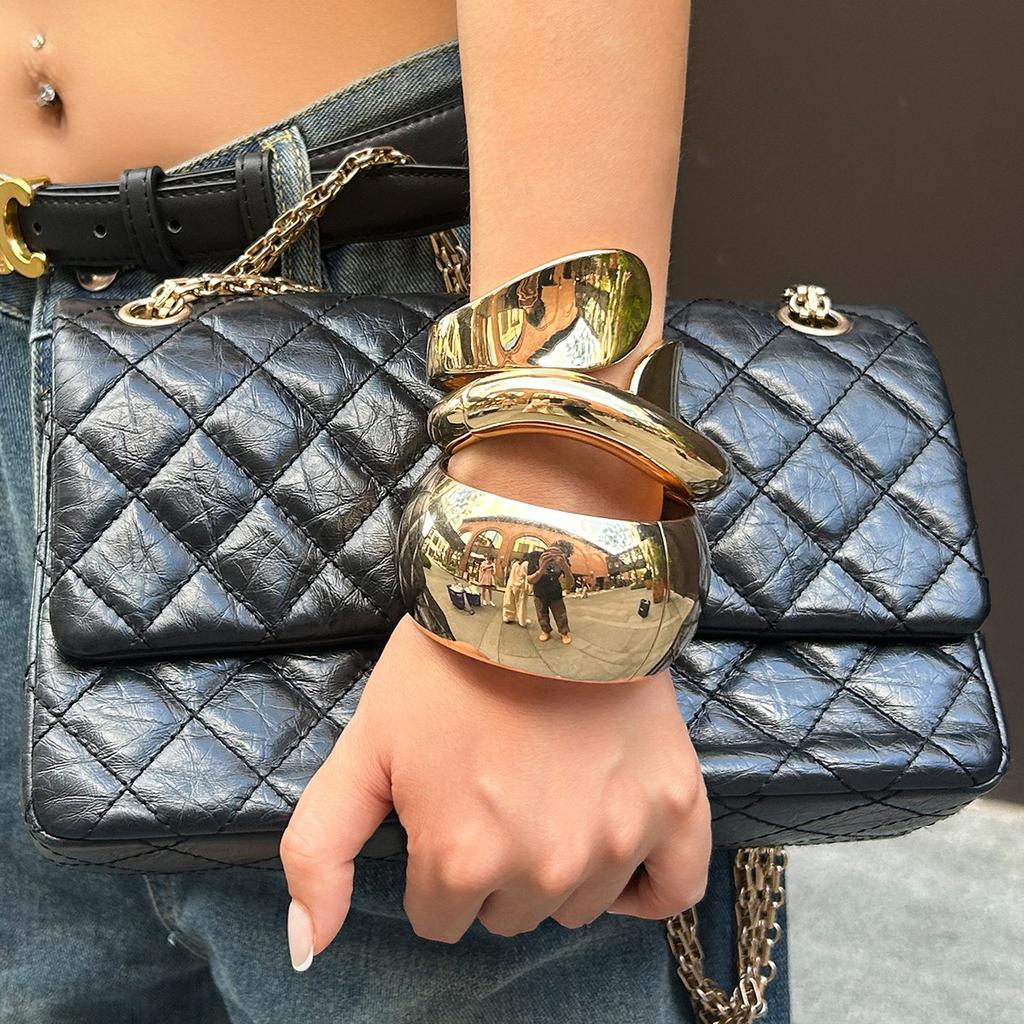 Vintage Irregular Wide Cuff Bangles Hip Hop Metal Spring Bangles Punk Gold copper Color Geometric Bangles For Women Men