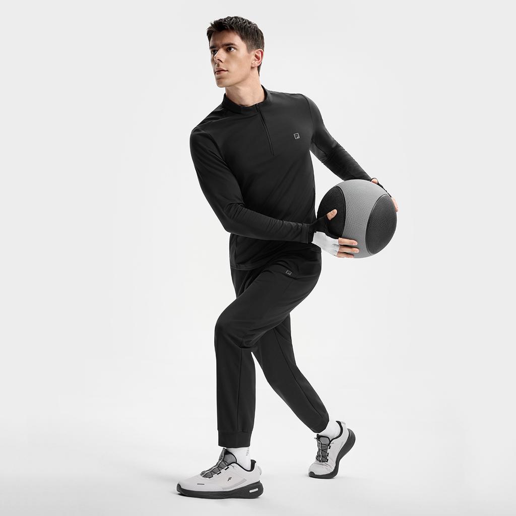 FILA Fitness Dark Pioneer Solid Color Stand Collar Fleece Long Sleeve T-Shirt Men Tops A11M541206FBK