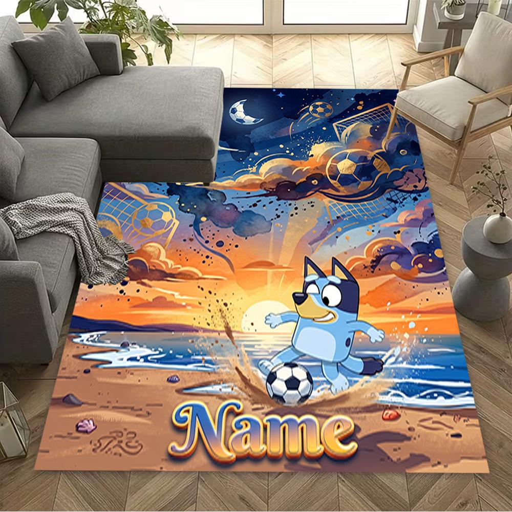 Bluey Soccer Adventure Personalized Text Floor Mat Perfect for Entryway Outdoor Playrooms Dining Room Antislip Carpet Decorate Offices