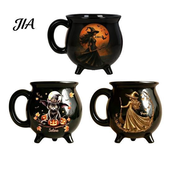 Tazza da Tè Stile Retrò Scuro, Tazza Caldaia Strega di Halloween, 350ml Pentola Magica Vintage Gotica a 3 Gambe, Idee Regalo Anniversario Compleanno Gatto Nero Ceramica