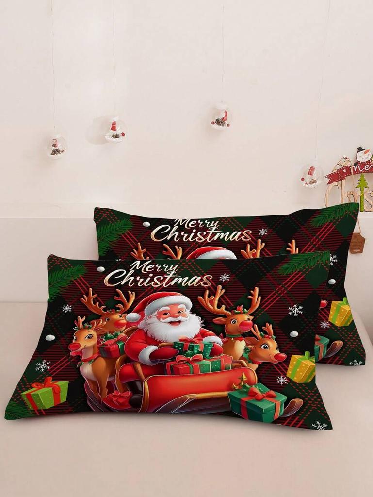 3-teiliges Weihnachts-Bettwäsche-Set:Weich & Bequem Aus Polyesterstoff Weihnachtsmann- & Schlittenmuster Geeignet Für Schlafzimmer