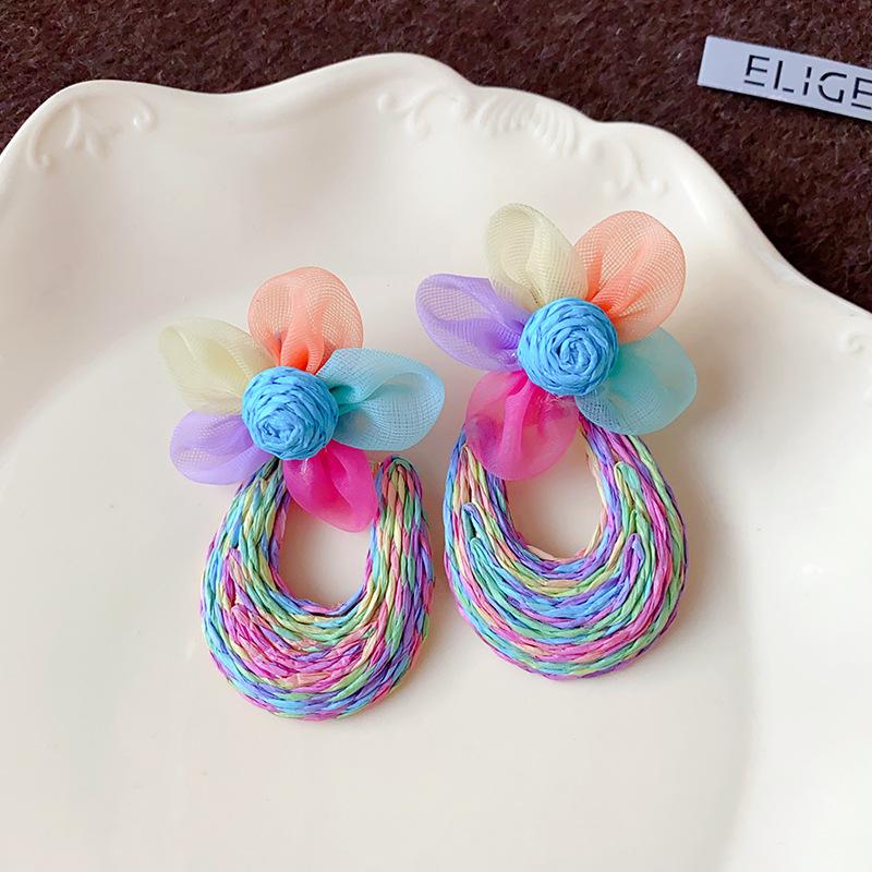 Steel needle mesh flower earrings Bohemian seaside vacation style stud earrings Mori sweet little fresh earrings