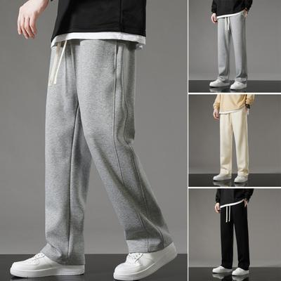 Fall Spring Men Pants Drawstring Elastic Waist Solid Color Pockets Loose Plus Size Straight Wide Leg