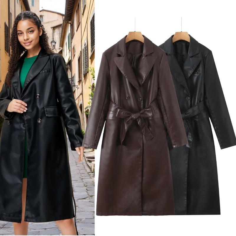 Womens Long PU Leather Trench Coat Winter Casual Chic Oversized Outerwear Black Brown