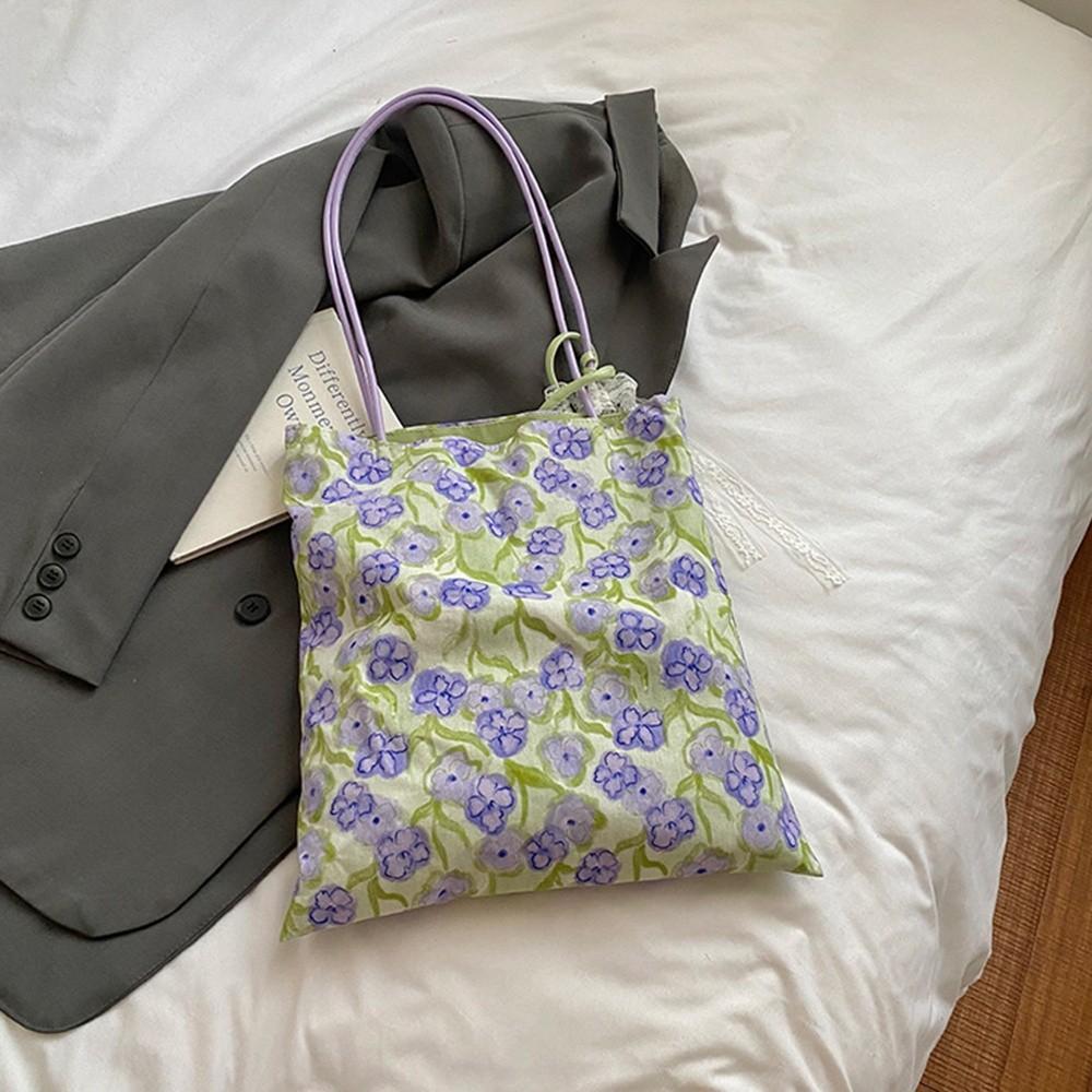 Green Double Sided Tote Bag Lightweight Shopping Handbags Chic Purple Flower Shoulder Bags  Travel