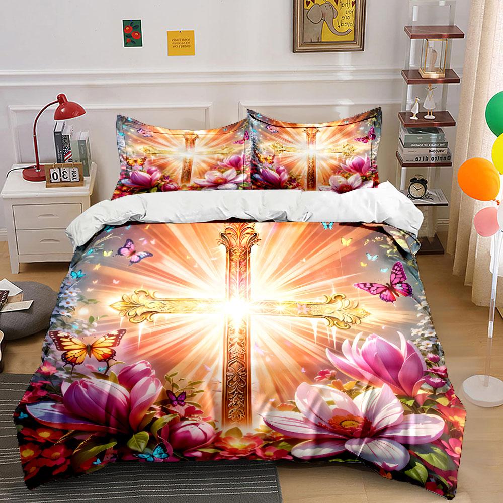 Golden Cross with Vibrant Flowers Print Soft Comfortable Duvet Cover Bedding Set Included 1*Duvet Cover 2*Pillowcases