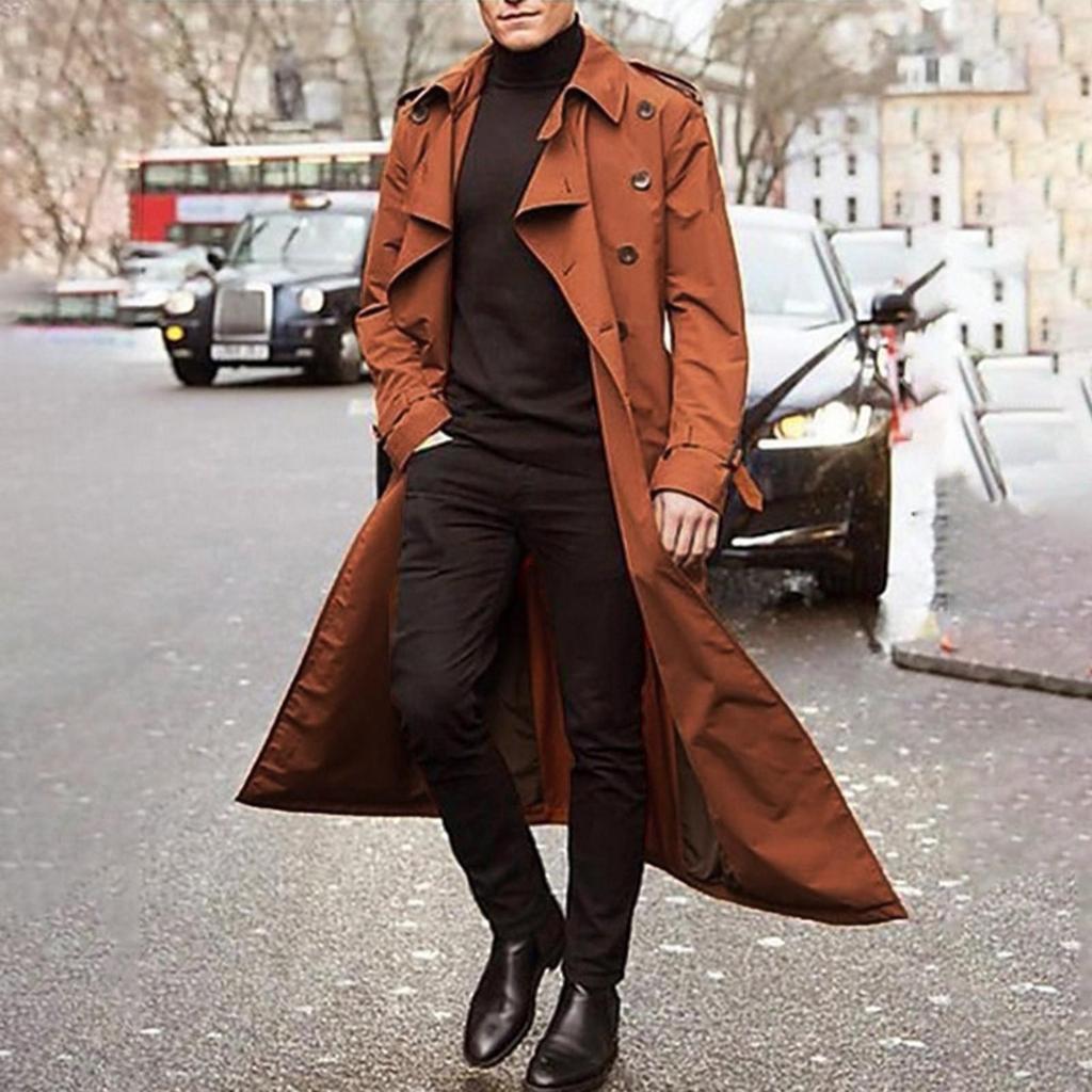 Men's Long-Slevee Luxury Full Length Trench Coat Long Wool Overcoat Winter