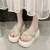 Fairy Wind Bow Pearl Thick Bottom Heightening Slippers Female 2025 Summer New Small Muffin Comfortable One-word Drag