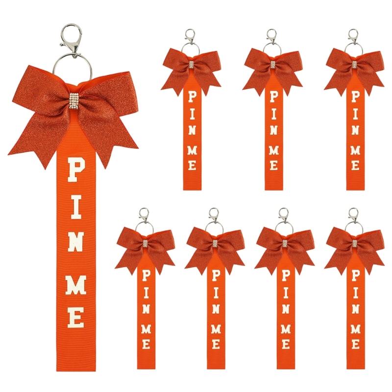 Pack of 8 Elegant Glitter Cheerleader Keychain Accessories Rhinestones Cheer Bowknot Ribbon Sports Team Spirit Gifts