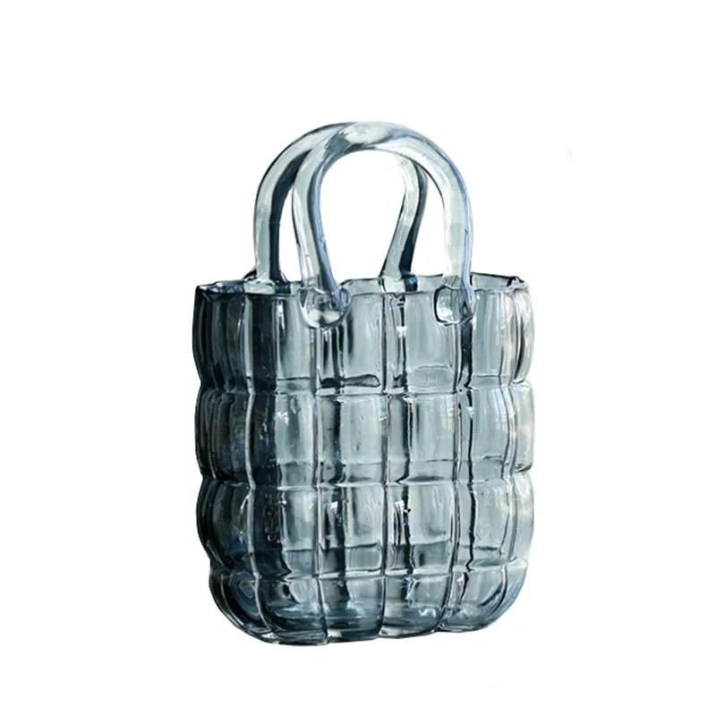 Clear Glass Vase Bag Handbag Basket Transparent Terrarium Flower Vase Floral Arrangement Accessories Living Room Decoration
