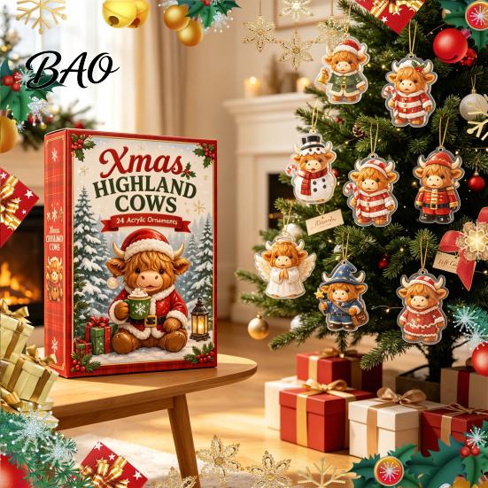 Adventní kalendář Kráva ze Skotské vysočiny Kalendáře 2026, 2D akrylové ozdoby, 24 dní Vánoční dekorace Odpočet se sběratelskými mini figurkami pro statek