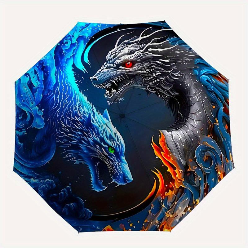 Yin Yang Dragons: Water & Fire Fantasy ArtworkUmbrella, Portable 3-Fold Compact Umbrella for Men & Women Gift