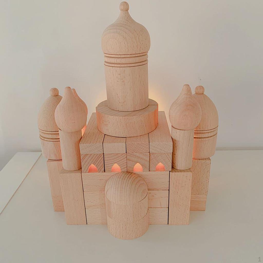 55 Pieces Wooden Castle Building Blocks Stacking Bricks Construction Toys for Toddler Kids