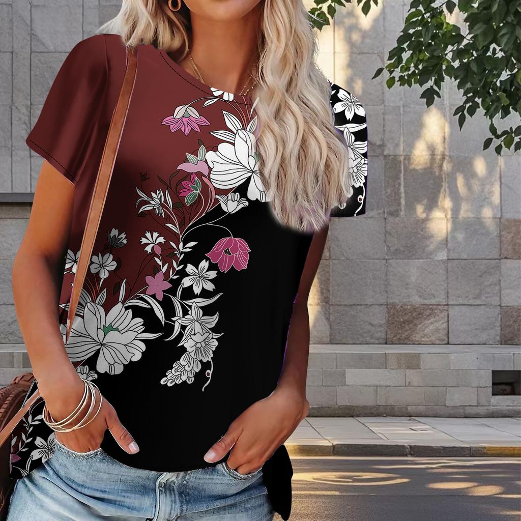 Women Summer T Shirt Flower Print Retro Fashion Short Sleeve Tees Casual   Printed  Tops