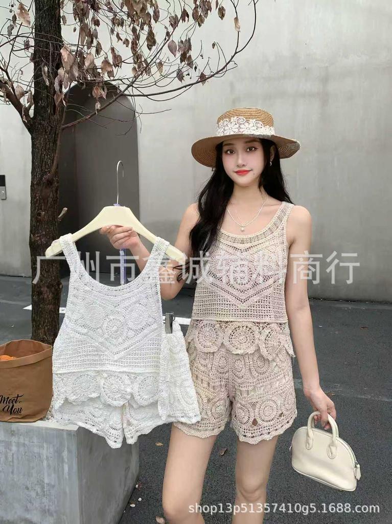 Summer Spice Girl Design Sense Crochet Hollow Suspender Women's Knitted Vest Vest Outside Sleeveless Blouse Top