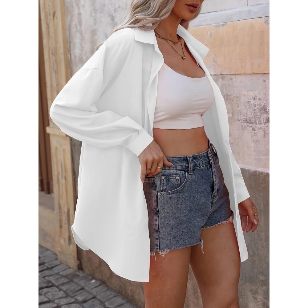 Women'S Elegant Long Sleeve Button-Up Shirt - Solid Color, Relaxed Fit, Knee-Length, Spring/Summer Casual Wear,Comfortable Wear |