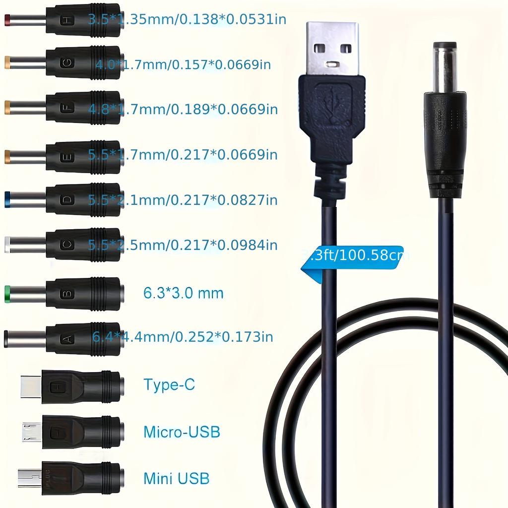11-in-1 Multi USB Charging Cable, Universal 5V DC Power Cord with 11 Interchangeable Plug Connectors for Small Electronics