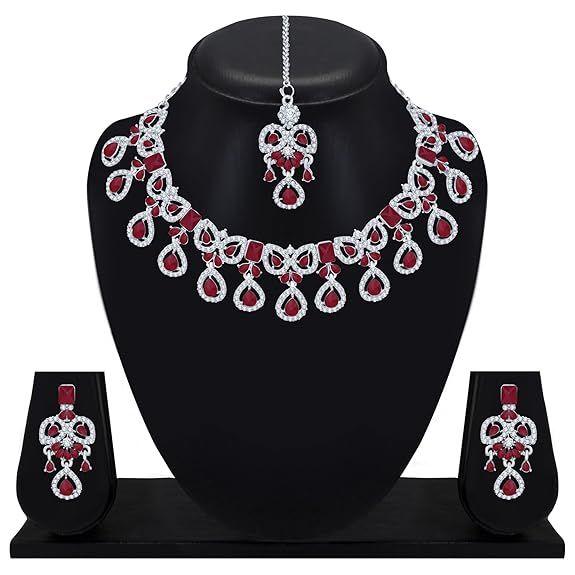 Purple Crystal Diamond Necklace with Earrings and Maang Tikka for Women - Jewellery Set for Party, Wedding, Engagement