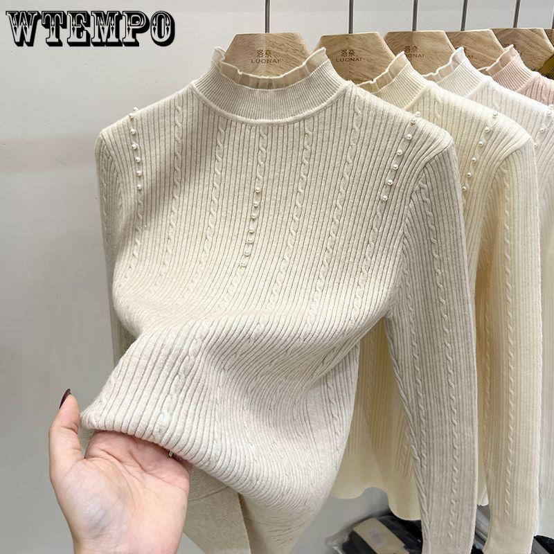 Lace High-neck Sweater Women's Autumn and Winter Twisted Pearl Slimming Pullover Top Sweater Knitted Sweater Long Sleeve