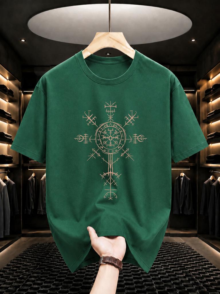 2026 Nuova Maglietta in Cotone Bussola Vichinga Rune Nordiche Stampa Girocollo Manica Corta Street Casual Top