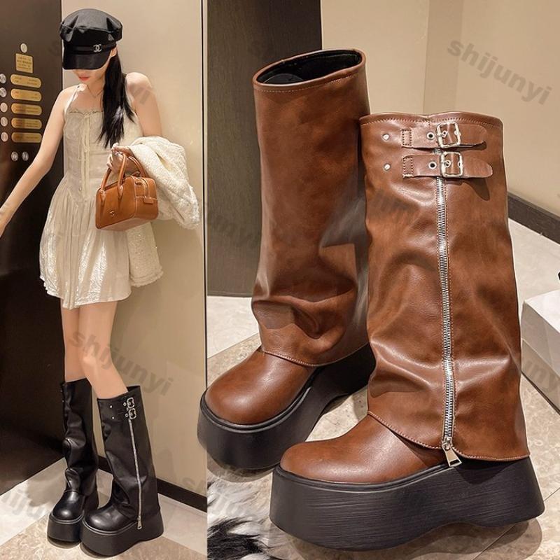 Fashion Women Fashion Platform Pile Western Ankle Boots Women Autumn Brown Chunky Heel Trouser Boots Thick Sole Knee-high Knight Booties