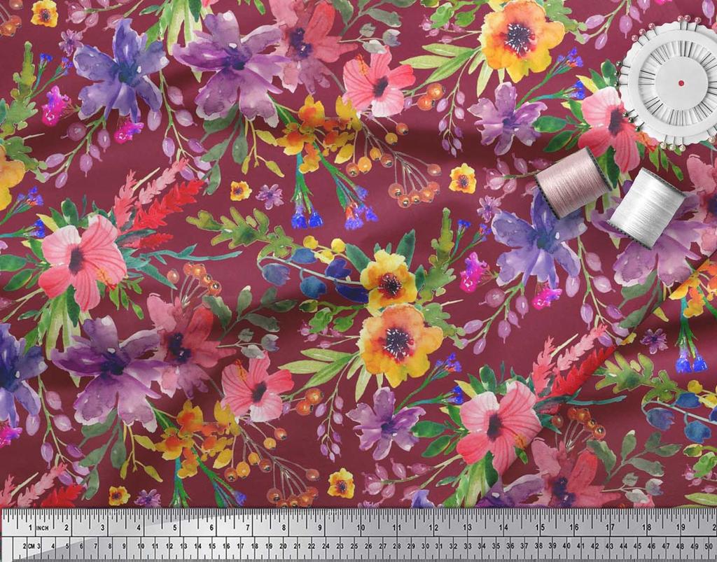 Soimoi Japan Crepe Satin Fabric Flower & Leaves Watercolor Decor Fabric Printed metre 42 Inch