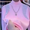 Women's Half Turtleneck Sweater Rhinestone Hollow Knit Pullover Sweater Autumn and Winter Solid Color Slim Fit Sweater Top