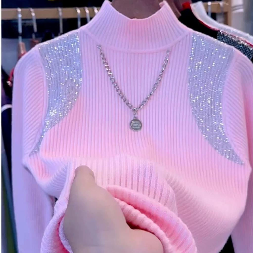 Women's Half Turtleneck Sweater Rhinestone Hollow Knit Pullover Sweater Autumn and Winter Solid Color Slim Fit Sweater Top