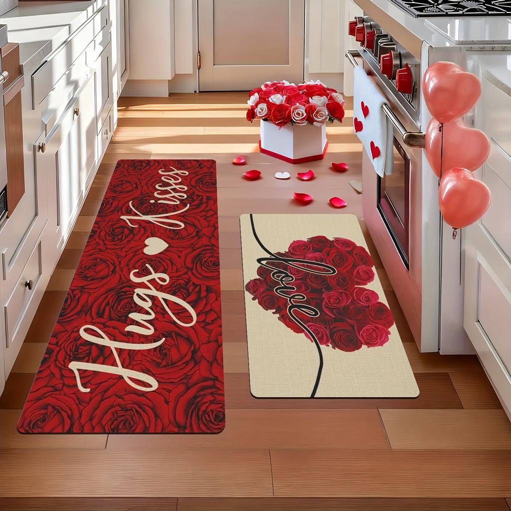 VIKAMA Valentine's Day Floral Heart Kitchen Rug Soft and Comfortable Bedroom and Hallway Rug Entrance Doormat Home Decor