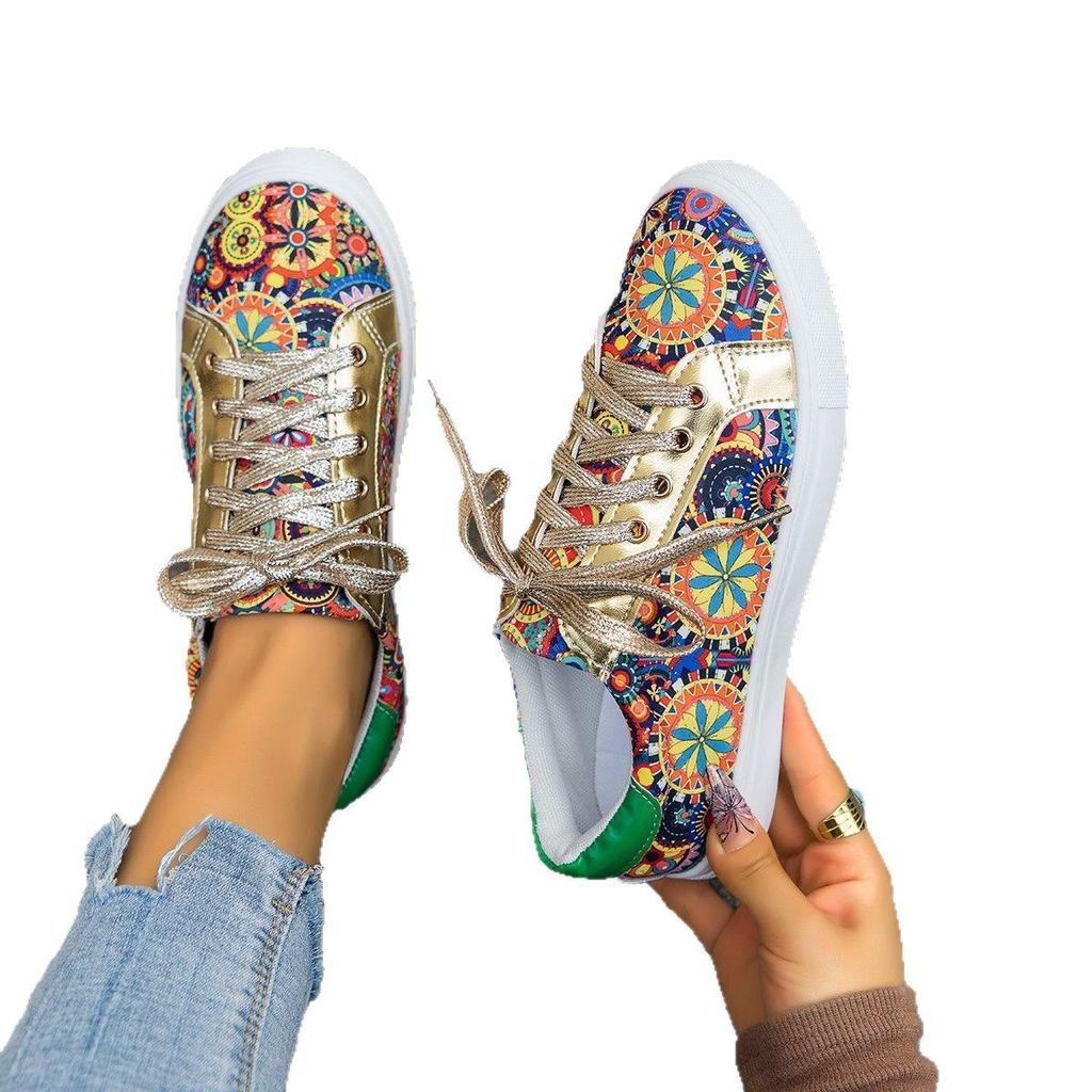 2025 Spring Women's Plus Size Round Toe Canvas Shoes with European and American Print Design