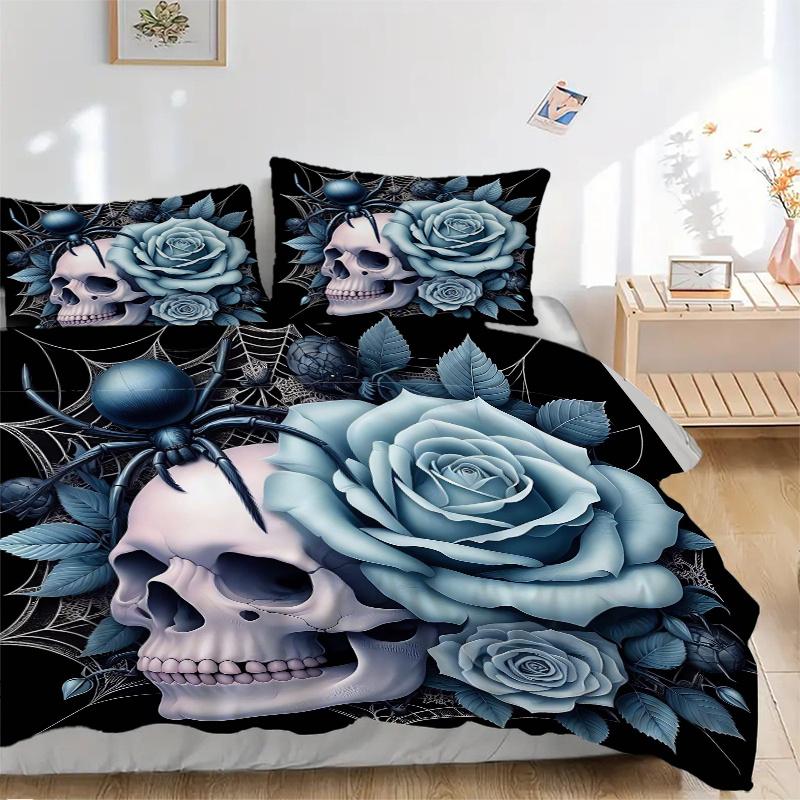 3-teiliges Blau-Rose und Spinne Bettwäsche-Set - Weiches & Bequemes Polyestergewebe, Ganzjahres-Atmungsaktives Bettdecken-Set Für 1 Bettbezug & 2 Kissen