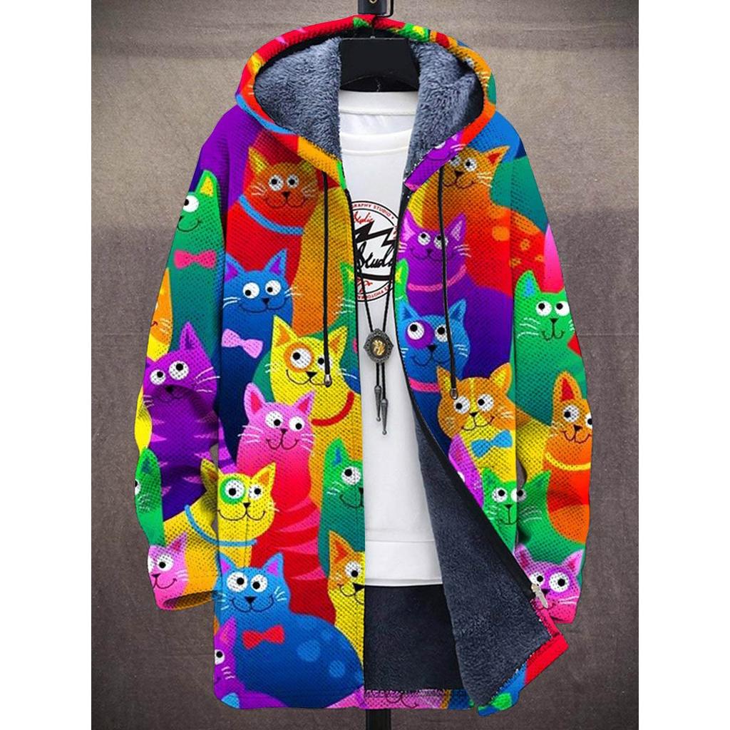Men Cardigans Coats Geometric Stripe Square Printed Plush Thick Winter Abstract Art Graphics Jackets Casual Streetwear Clothing