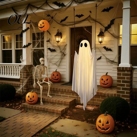 Outdoor Spooky Party Decor Halloween Hanging Ghost Swing with String Lights, Glowing Floating Supplies for Outside Ornament Yard Tree, Decorative