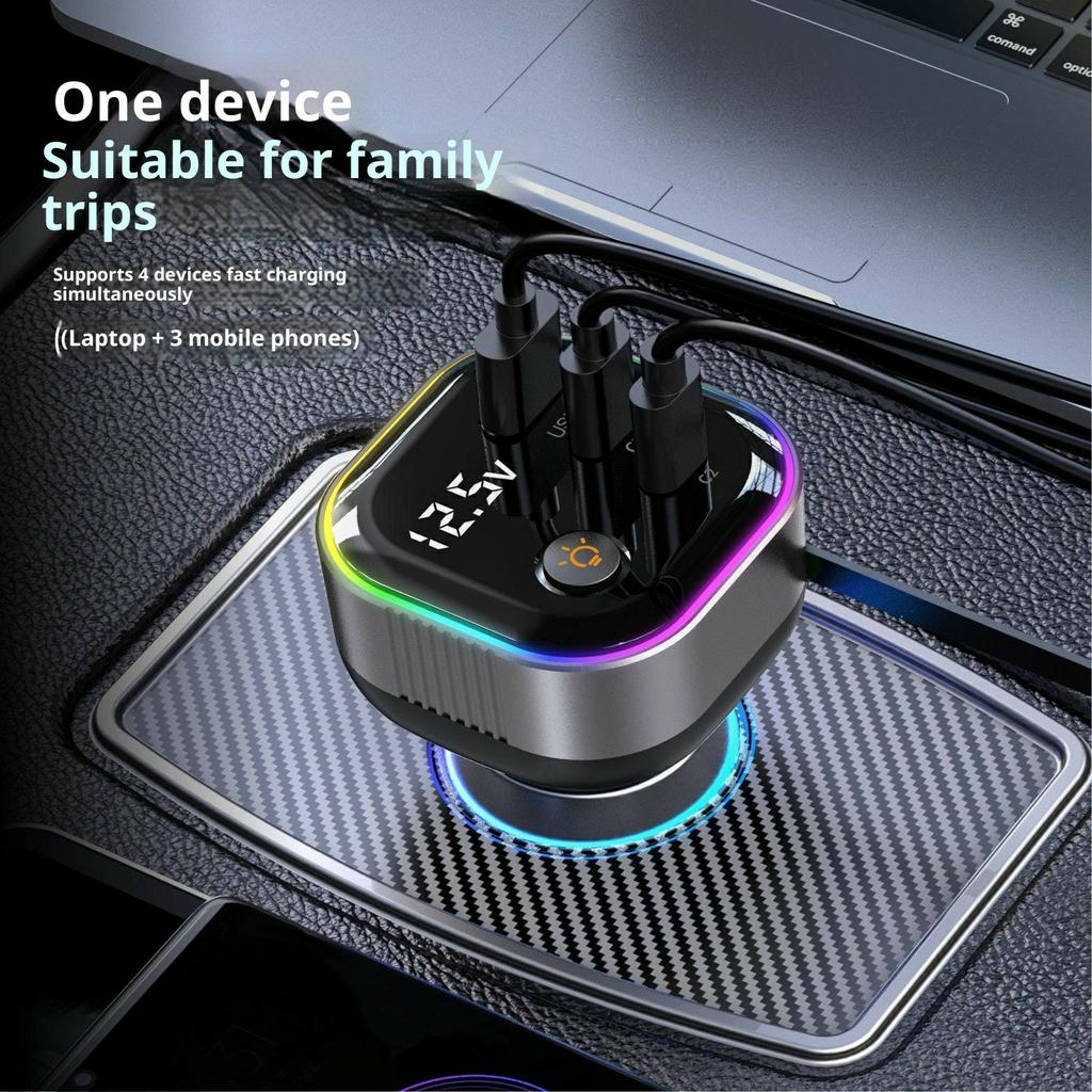 GE03 Voltage Display Car Charger with Retractable Cable and Ambient Light PD 65W Fast Charging Adapter