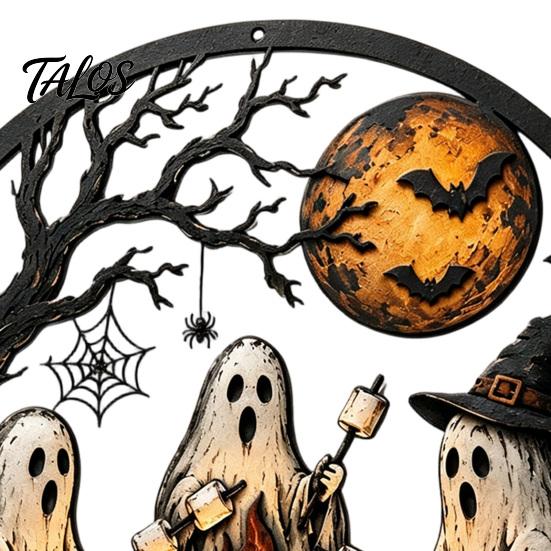 Garden Hanging Decorations Ghost Campfire Halloween Metal Wall Sign, Ghosts Roasting Marshmallows Round Cute Plaque, Spooky Art Decor for Porch